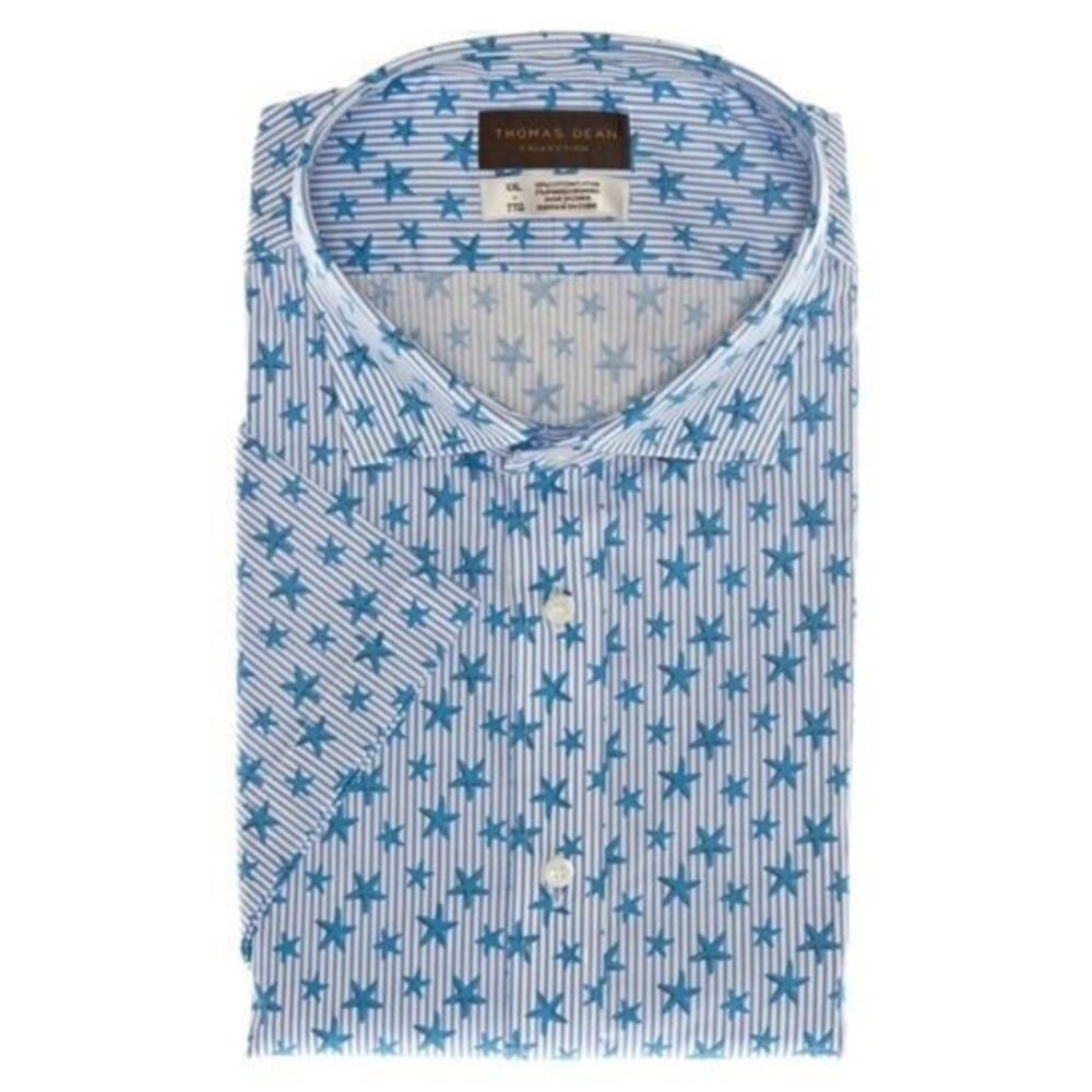 Thomas Dean Blue Striped Starfish Print Short Sleeve‎ Button Down Shirt Sz L NWT
